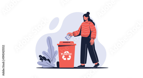 Young woman practices environmental responsibility by throwing a plastic container into a red recycling bin for proper disposal.