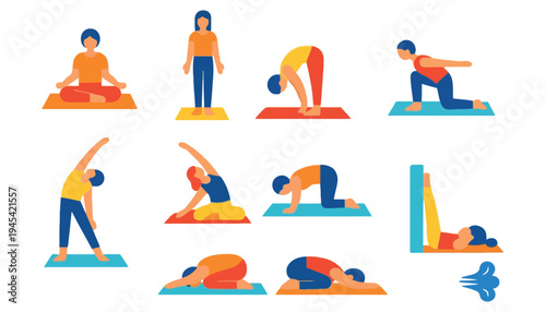 Yoga vector illustration of various poses on colorful mats