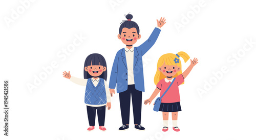 Three cheerful children in school uniforms wave their hands with big smiles on their faces against a clean white background.