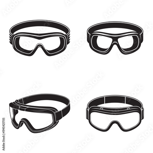 Four distinct pairs of protective eyewear are displayed in a black silhouette high-quality professional detailed