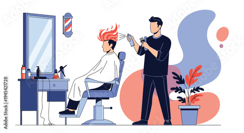 Creative barber styles a man's hair with a spray can causing the hair to transform into bright orange and red flickering flames.