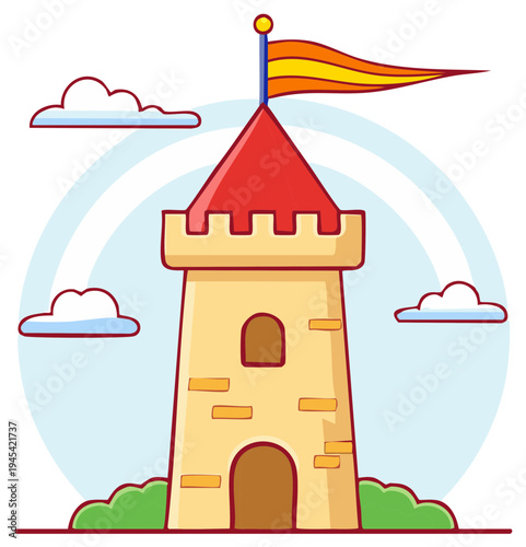 Cartoon style castle tower with a flag on top against a cloudy sky with green bushes below