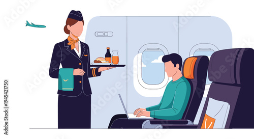 Professional flight attendant serving a tray of food and drinks to a male passenger working on a laptop during a flight.