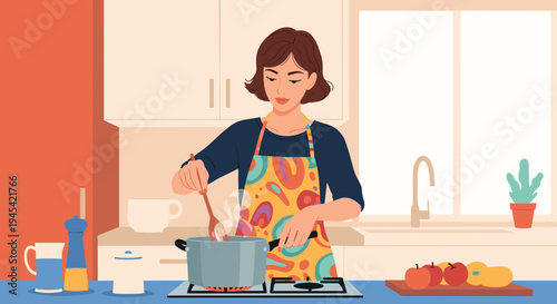 Happy young woman wearing a colorful patterned apron stirring a pot of soup on a gas stove in a modern kitchen.
