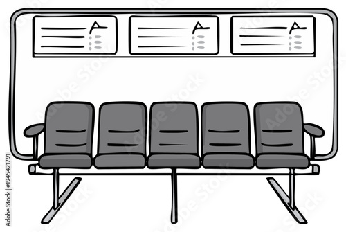 Row of empty waiting chairs with departure boards above in a minimalist line drawing style
