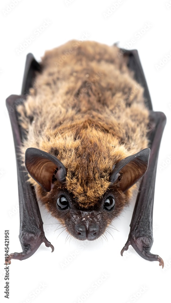Obraz premium A close-up, frontal portrait of a bat against a stark white background. Its fur is a mix of browns and tans, with leathery wings extended