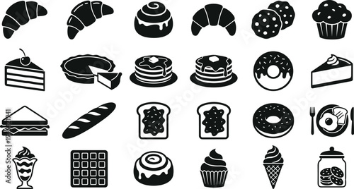 Bakery Desserts and Pastries Icons Set, Including Cake, Croissant, Donut, Cupcake, Sandwich, Ice Cream, and More