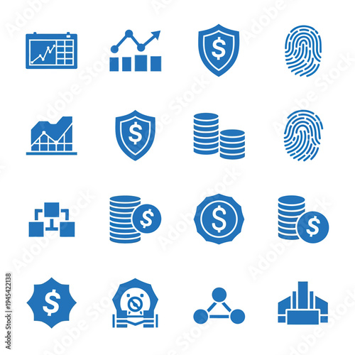 Financial icons set: market trends, security shields, identity verification, and investment growth, icon set
