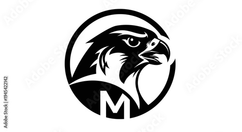 Bold Black and White Hawk or Eagle Head Profile Graphic in Circular Emblem with Letter M. Powerful Bird of Prey Icon Illustration.