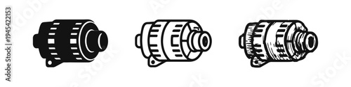 Car Alternator Icon Set in Solid, Outline, and Hand-Drawn Styles for Automotive Electrical Systems