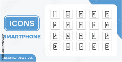 A set of twenty smartphone line icons representing various mobile applications and features