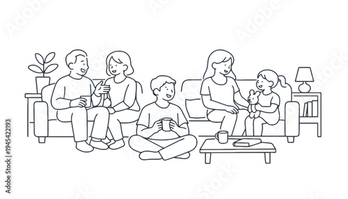 Family sitting on a couch in a modern living room illustration