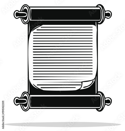 Ancient unrolled parchment scroll with text, black and white vector icon illustration