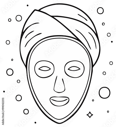 Outline of a face wearing a beauty mask with a towel on the head and floating bubbles.