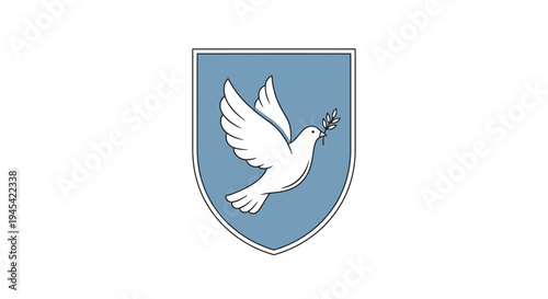 Elegant white dove in flight holding an olive branch, set within a blue heraldic shield, symbolizing peace and hope