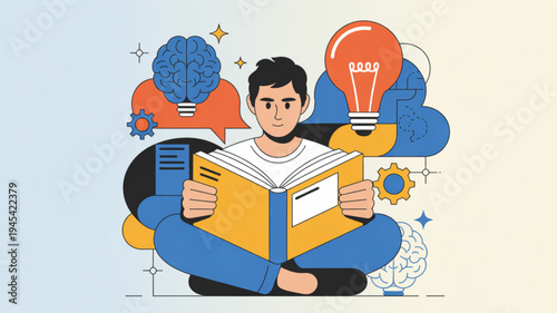 Young man sitting cross legged reading a book with lightbulb and brain thought bubbles around him