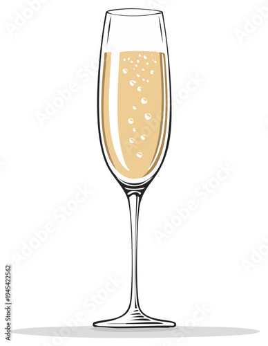 Glass of sparkling wine with rising bubbles isolated on white background