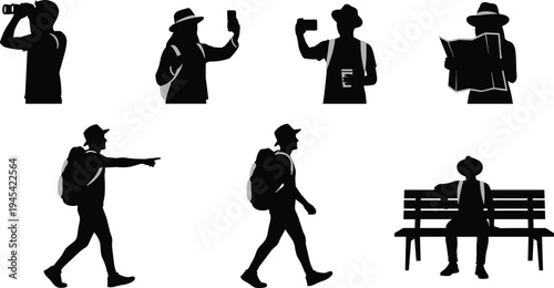 Silhouettes of diverse travelers and hikers exploring nature, including using binoculars, taking selfies, and walking with backpacks, perfect for travel and adventure