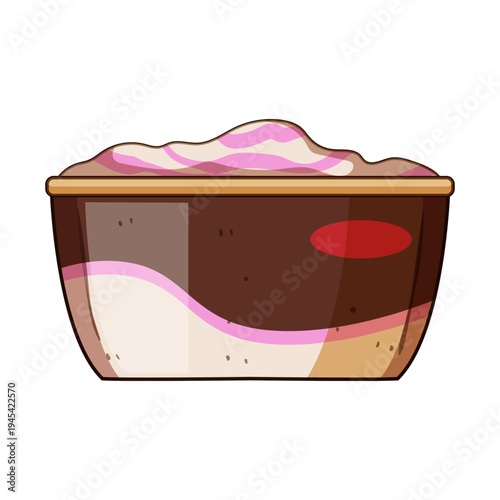 Container holding creamy multi layered ice cream or dessert, presenting rich chocolate, delicate vanilla, and vibrant berry flavors, ready for a delightful treat