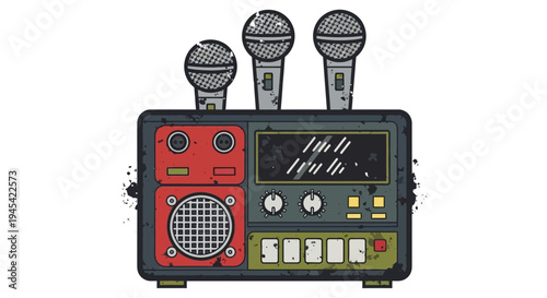 Retro karaoke machine with three microphones, vintage audio equipment