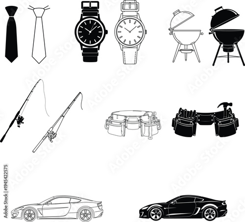 Black vector of lifestyle accessories and outdoor gear with sleek cars - Fathers day elements