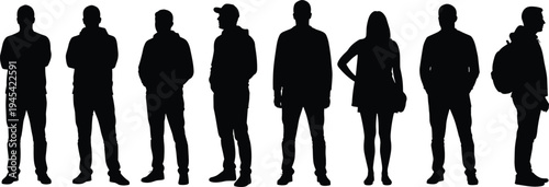 Silhouettes of diverse young adults standing in a group, representing a mix of genders and casual styles, showcasing various poses and attitudes