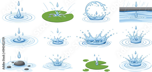 Water Drop Impact and Splash with Ripples, Stones, and Green Surface Effects for Fluid Dynamics and Nature Illustrations