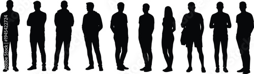 Silhouettes of diverse young adults standing in a group, representing a mix of genders, ages, and casual poses with various body types