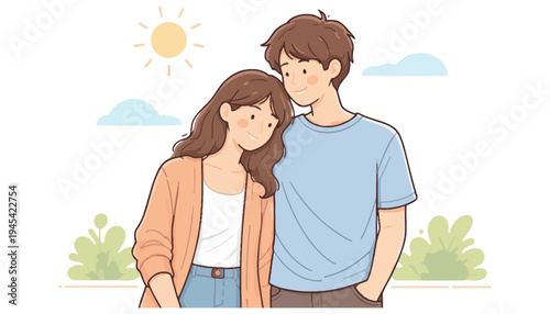 A loving couple standing together under a sunny sky illustration
