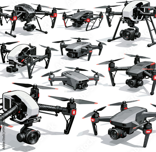 Create a realistic kinds of deferent Quadro copter drone with camera vector art with white background..