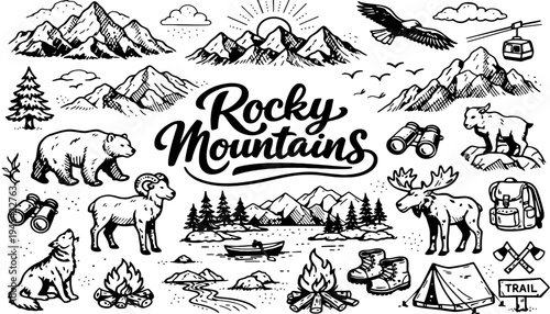 Rocky Mountains vector illustration with various scenic and wildlife elements