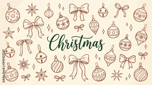 A festive Christmas graphic design featuring red line drawings of ornaments, bows, and stars on a cream background with the word Christmas in green cursive font.