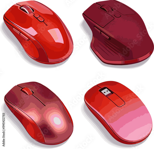 Create a realistic kinds of deferent Red computer mouse vector art with white background.