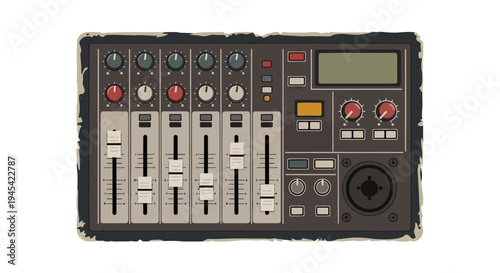 Vintage audio mixer console with faders and knobs