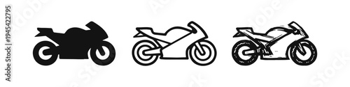 Sport Motorcycle Icon Collection in Solid, Outline, and Hand-Drawn Styles