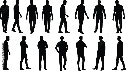 Silhouettes of diverse young men walking and standing in various poses, casual modern adult male figures vector collection.
