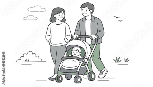 Family with baby in stroller walking in park on sunny day