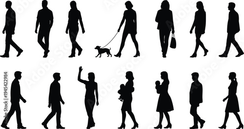 Silhouettes of diverse, everyday people walking, including men, women with a baby or a dog, and greeting gestures, for architectural
