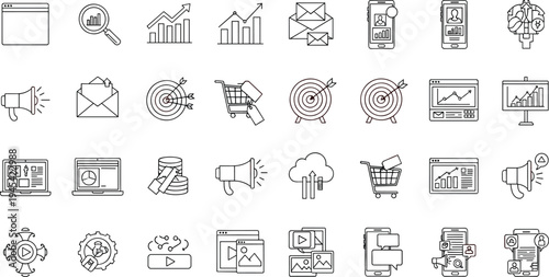 Digital Marketing and Analytics Icon Set with Growth, Targeting, Communication, and Data Visualization Symbols for Websites, Apps, and Marketing Campaigns