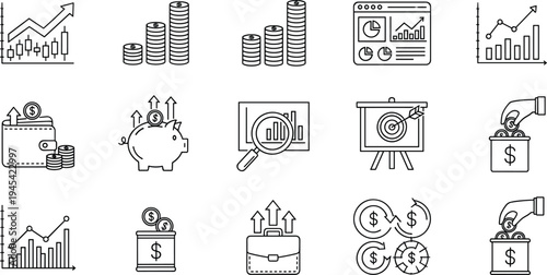Financial Growth and Investment Icon Set with Money, Savings, and Business Analytics Symbols for Finance, Economics, and Marketing
