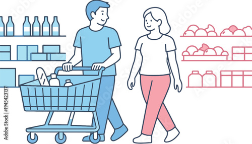 A couple shopping together in a modern supermarket with a cart