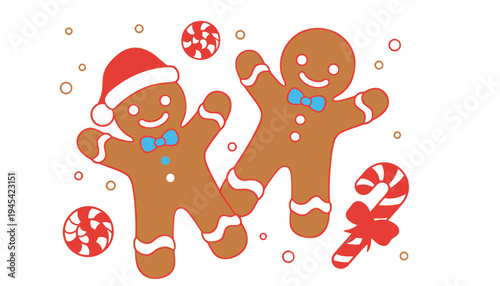 Gingerbread men illustration with festive holiday candies and decorations