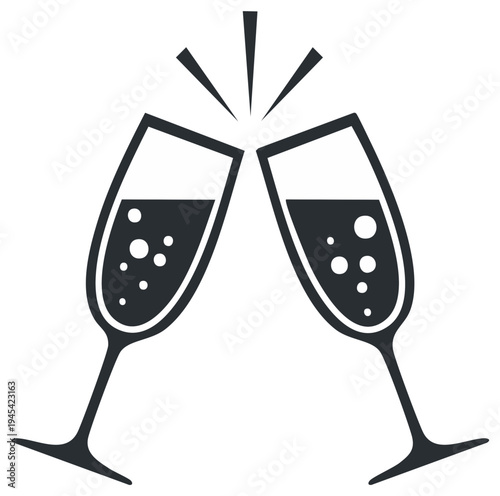 Celebratory toast with two sparkling champagne flutes and bubbles vector icon