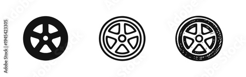 Car Wheel and Rim Icons Set: Modern Solid, Outline, and Hand-Drawn Doodle Style Automotive Parts Symbols