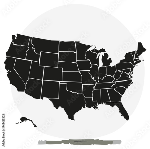 Detailed Black and White Vector Map of the United States of America: Outlines and Political Boundaries
