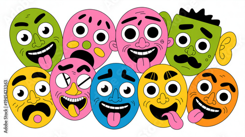 Colorful cartoon faces with various expressions and tongues out on white background