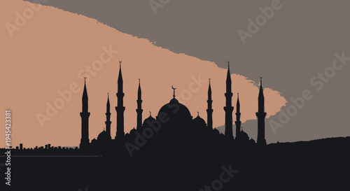 Majestic mosque silhouette with numerous minarets and domes against a warm, painterly sky. Islamic architecture and spirituality illustration.