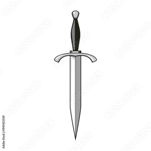 Dagger featuring a sharp metallic blade and dark handle, standing vertically on a plain white background, embodying concepts of warfare, danger, and self defense for various applications