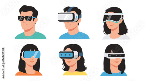 Set of diverse individuals wearing virtual reality goggles and immersive technology headsets for gaming and digital experiences.