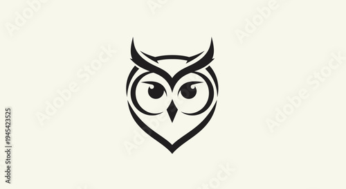 Minimalist black and white owl head illustration, stylized graphic design element. Simple wisdom bird icon vector art.